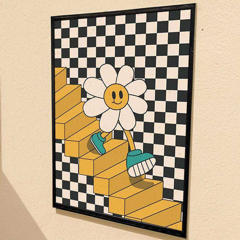 A cheerful white daisy with yellow smiley face and teal sneakers climbs golden stairs in the daisy steps print