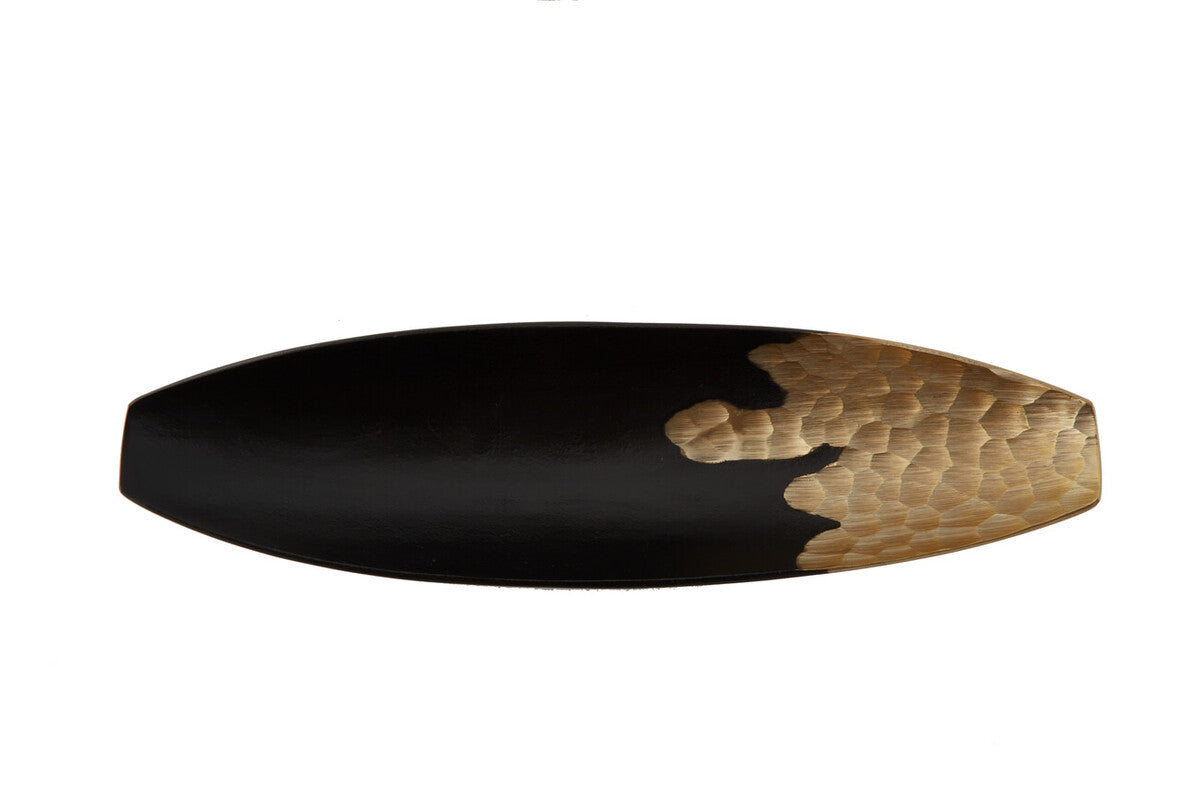 Daito black and gold boat dish hammered metal tray shaped like a surfboard with black and gold finish
