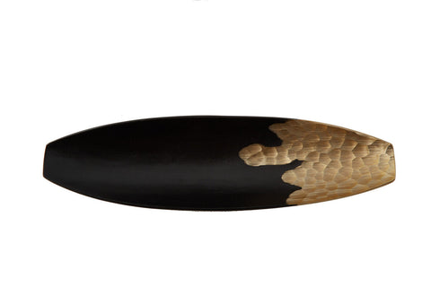 Daito black and gold boat dish hammered metal tray shaped like a surfboard with black and gold finish