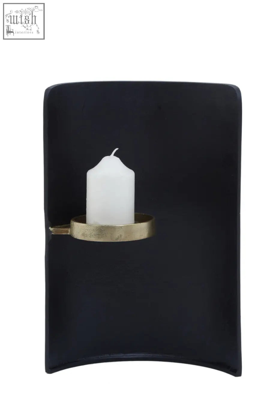 Daito black ceramic wall-mounted candle holder with gold finish metal ring holding white pillar candle