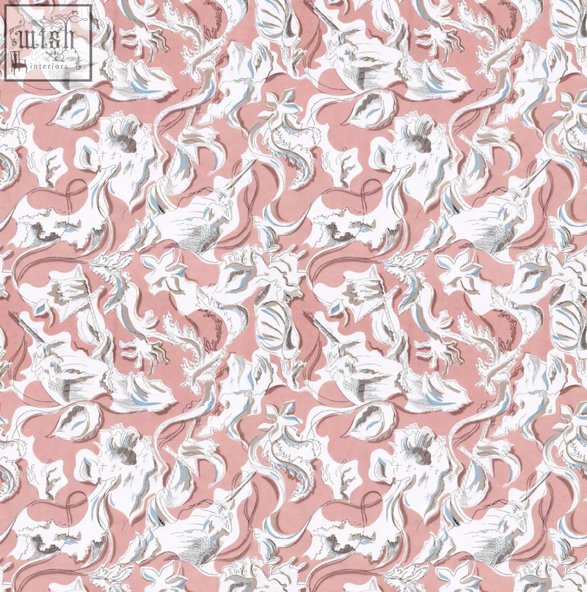 Pink dali’s mermaid blush wallpaper with intricate white silver floral motifs on ethically sourced materials
