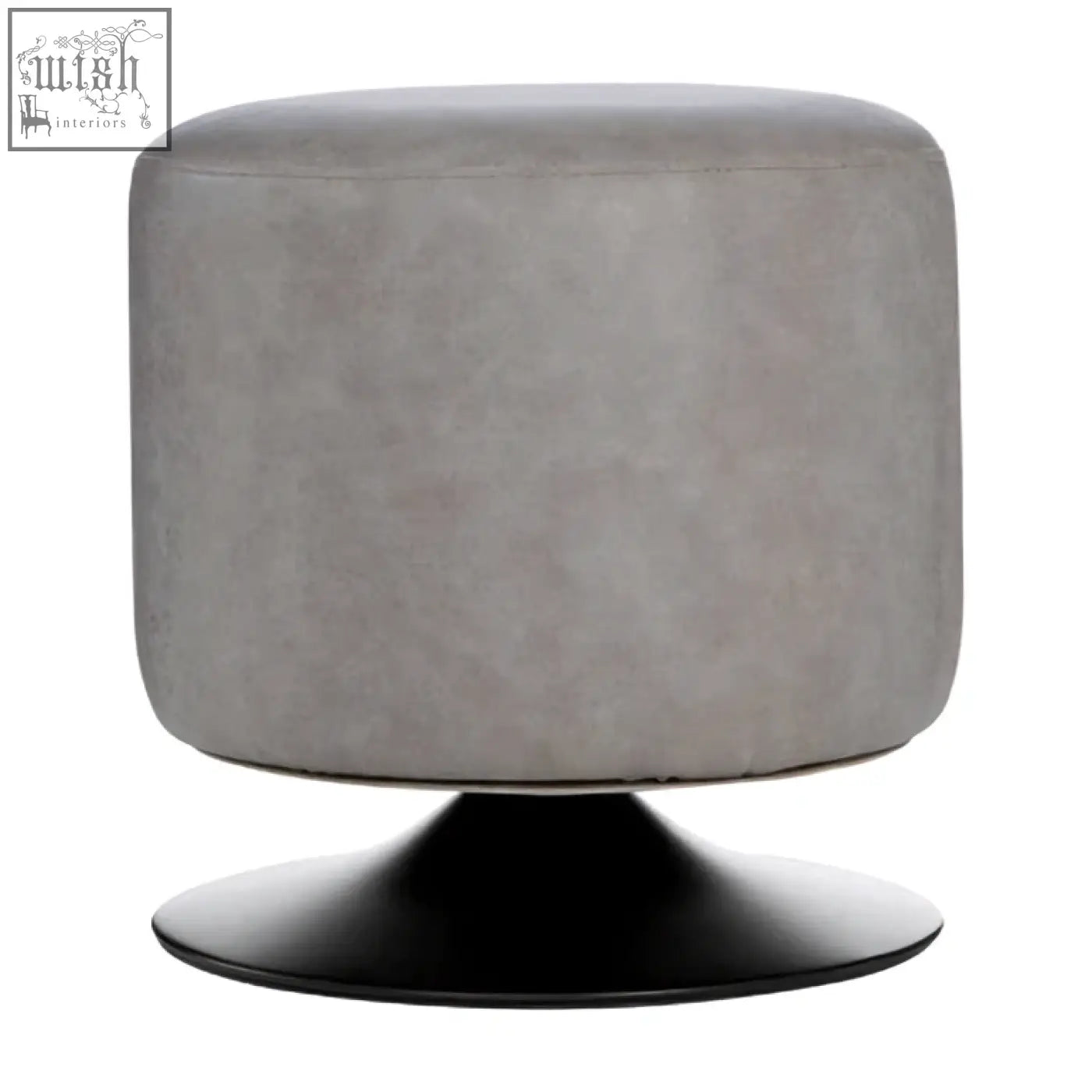 Gray faux leather pouffe with ash grey upholstery and sleek black pedestal base perfect for extra seating
