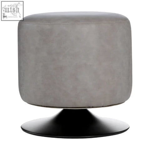 Gray faux leather pouffe with ash grey upholstery and sleek black pedestal base perfect for extra seating