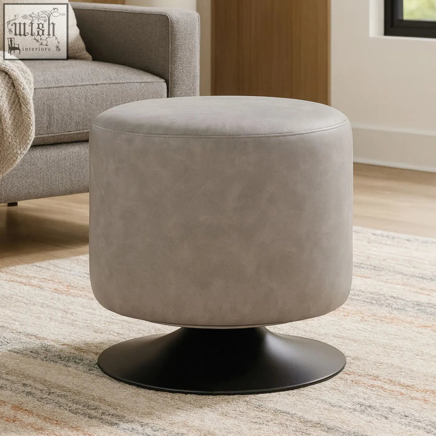 Dalston ash grey faux leather pouffe with grey upholstered seat and black metal base ottoman style faux leather pouffe