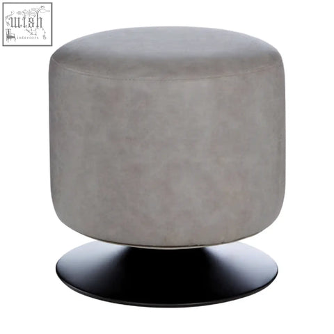 Gray faux leather pouffe dalston ash grey round ottoman with black circular base for living room seating