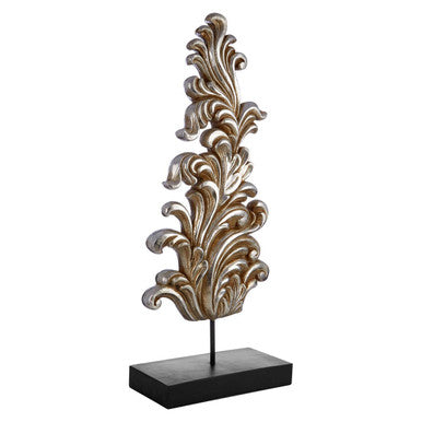 Antique silver damask sculpture with leaf motif on a matte black plinth rectangular base for decor