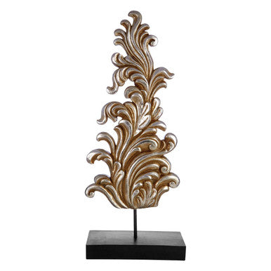 Golden damask sculpture with ornate leaf patterns mounted on a matte black plinth base for elegant decor