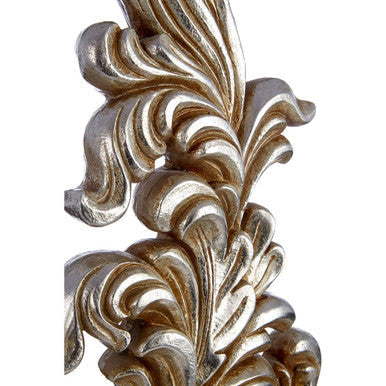 Silver ornate leaf motif decorative wall mirror frame with damask sculpture on a matte black plinth base