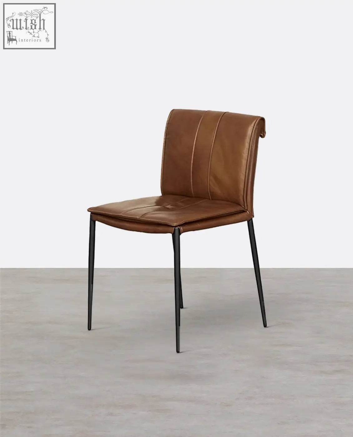 Brown leather d’amato dining chair with tufted backrest and sleek black metal legs perfect for any dining space