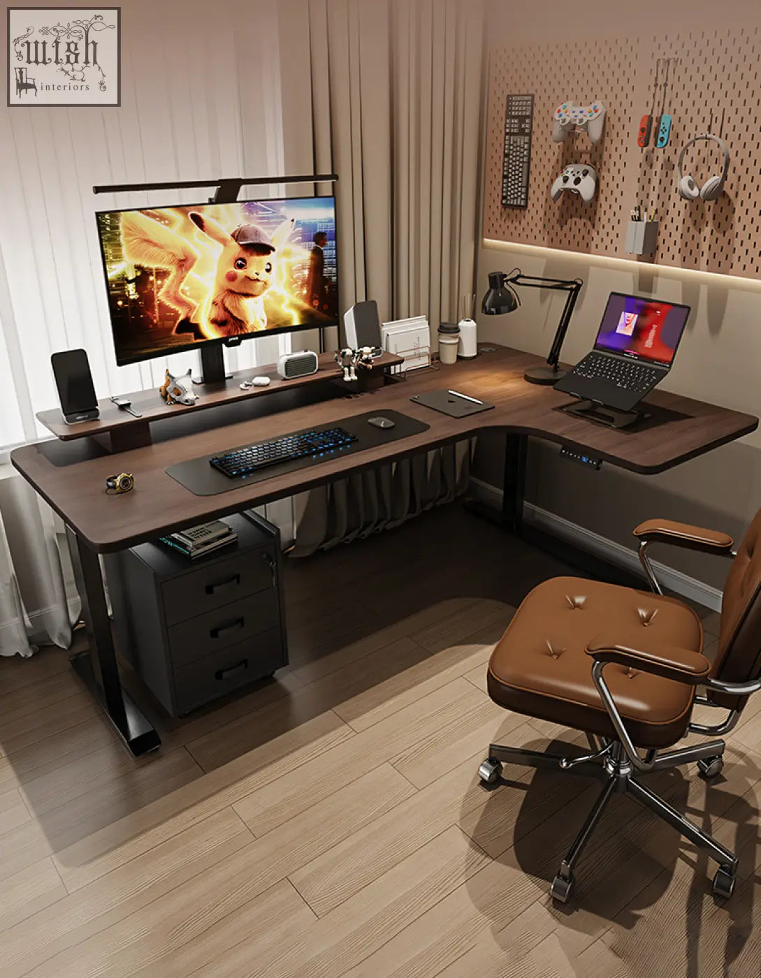 Modern l-shaped damico electric standing office desk with black metal legs and wooden storage drawers for computer use
