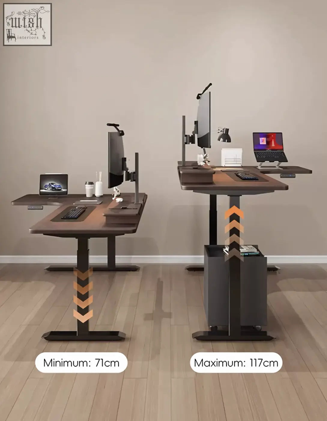 Damico electric standing office desk with adjustable height dark wood top and black metal frame with chevron accents