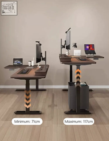 Damico electric standing office desk with adjustable height dark wood top and black metal frame with chevron accents