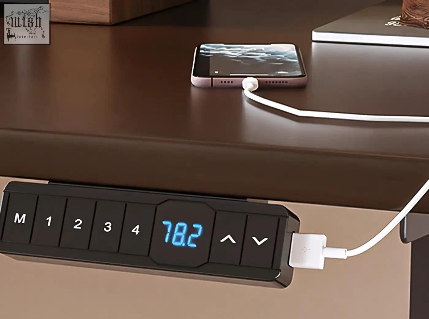 Black digital control panel with blue led display showing height setting on damico electric standing office desk