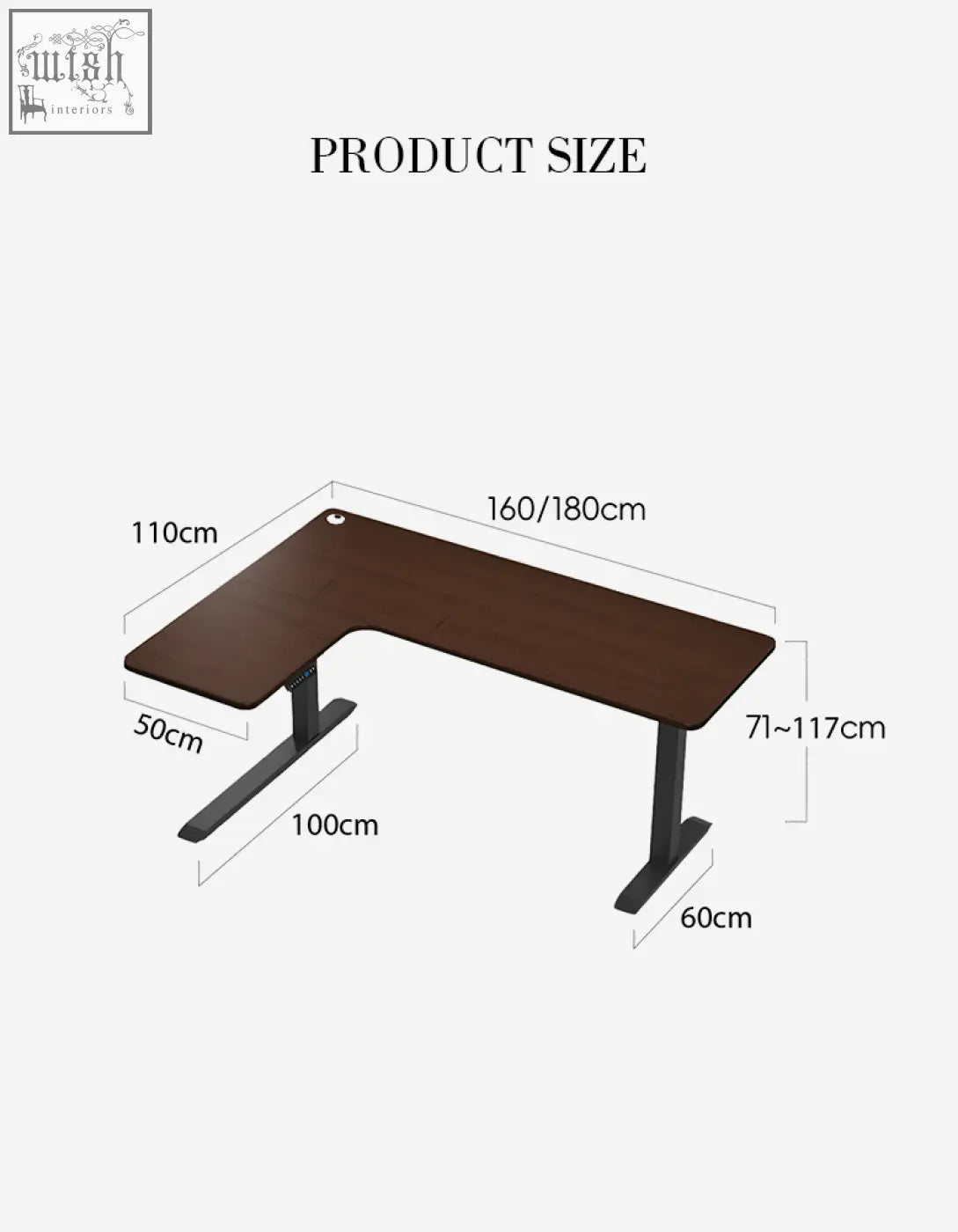 Brown wooden damico electric standing office desk with black metal legs and adjustable height corner design
