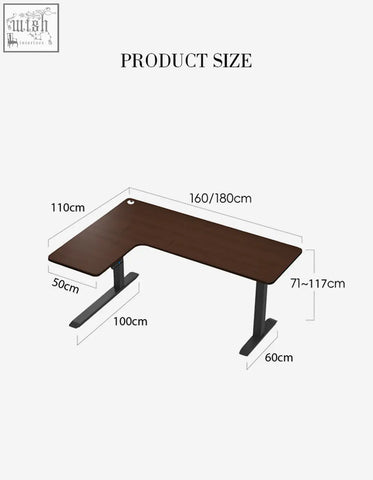 Brown wooden damico electric standing office desk with black metal legs and adjustable height corner design