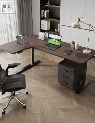 Modern l-shaped damico electric standing office desk in dark wood with sleek black metal legs and integrated drawer unit