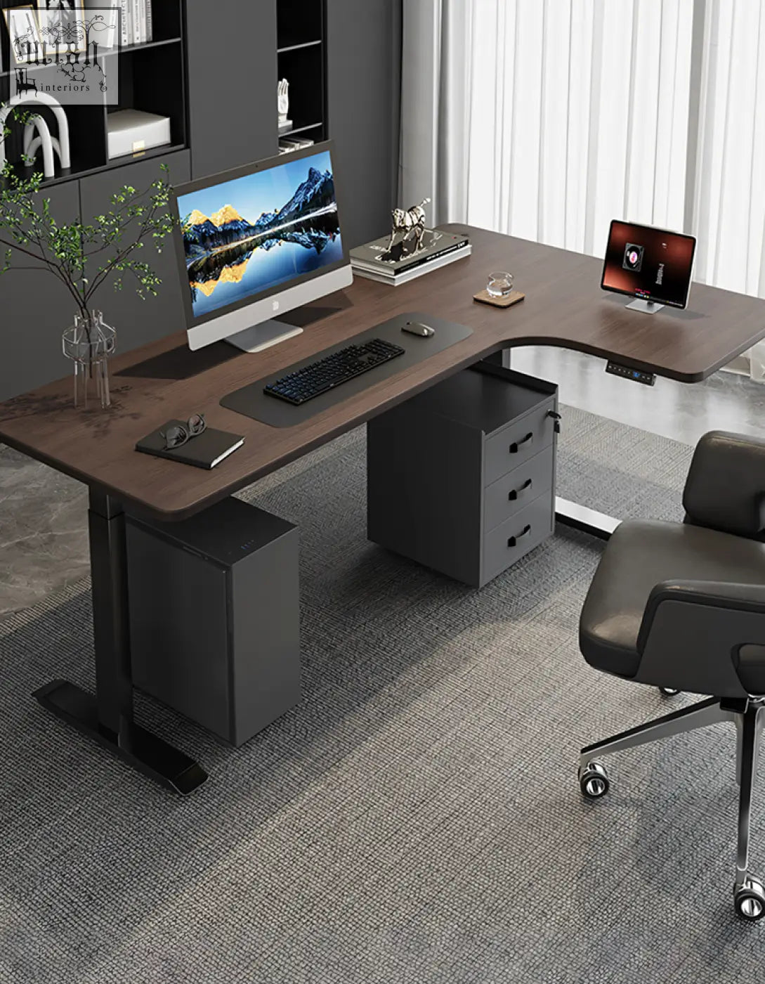 Modern l-shaped damico electric standing office desk with dark wood finish black metal legs and integrated drawers