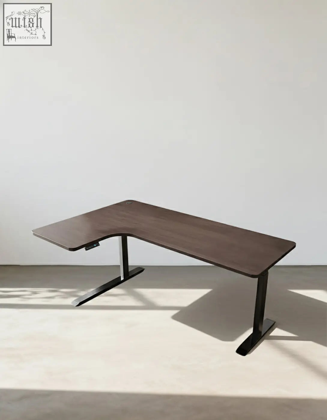 Modern l-shaped damico electric standing office desk with dark wood tabletop and sleek black metal legs for computer corner use