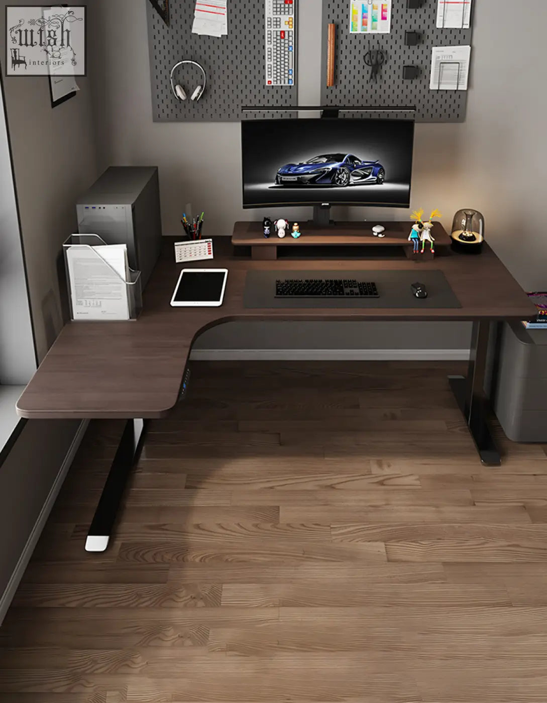 Modern l-shaped wooden office desk with black metal legs damico electric standing computer corner desk