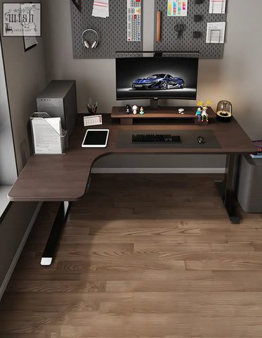 Modern l-shaped wooden office desk with black metal legs damico electric standing computer corner desk