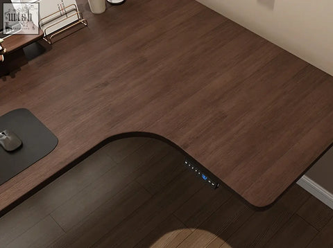 A sleek dark brown wooden damico electric standing office desk with l-shaped design and built-in control panel