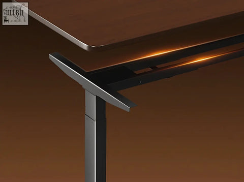 Damico electric standing office desk with sleek matte dark brown wood top and brushed metal height-adjustable stand