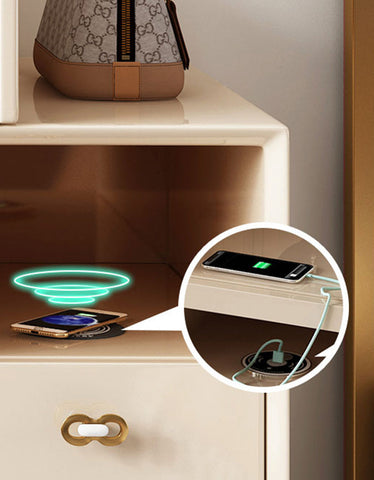 Beige damion dressing table bedside table with gold-tone handle and built-in wireless charging pad for convenience