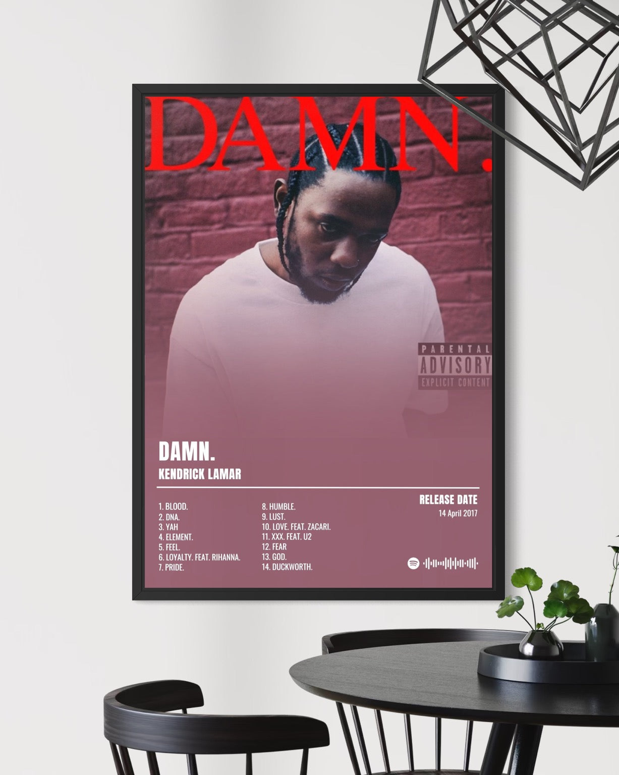 A kendrick lamar album poster with bold red damn lettering and a spotify barcode on a pink to purple gradient canvas