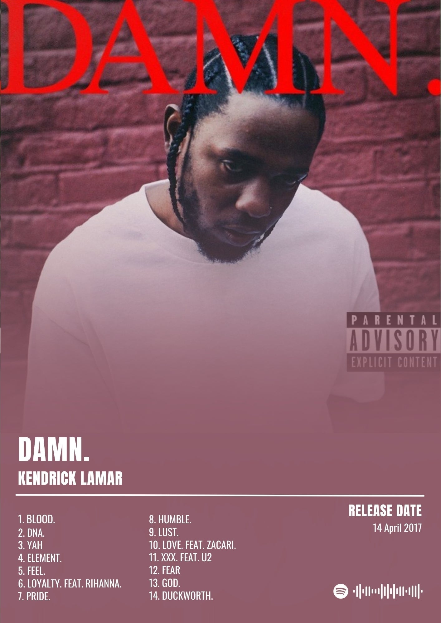 Red damn text on pinkish red brick wall album poster inspired by kendrick lamar with spotify barcode