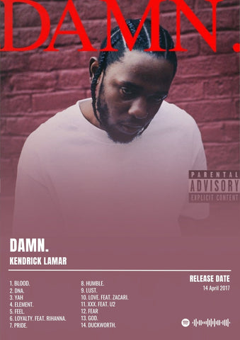 Red damn text on pinkish red brick wall album poster inspired by kendrick lamar with spotify barcode