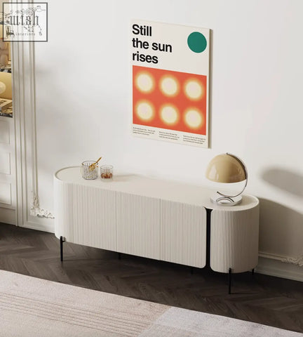 Cream-colored ribbed wood damon sideboard with sleek black legs perfect blend for your dining area