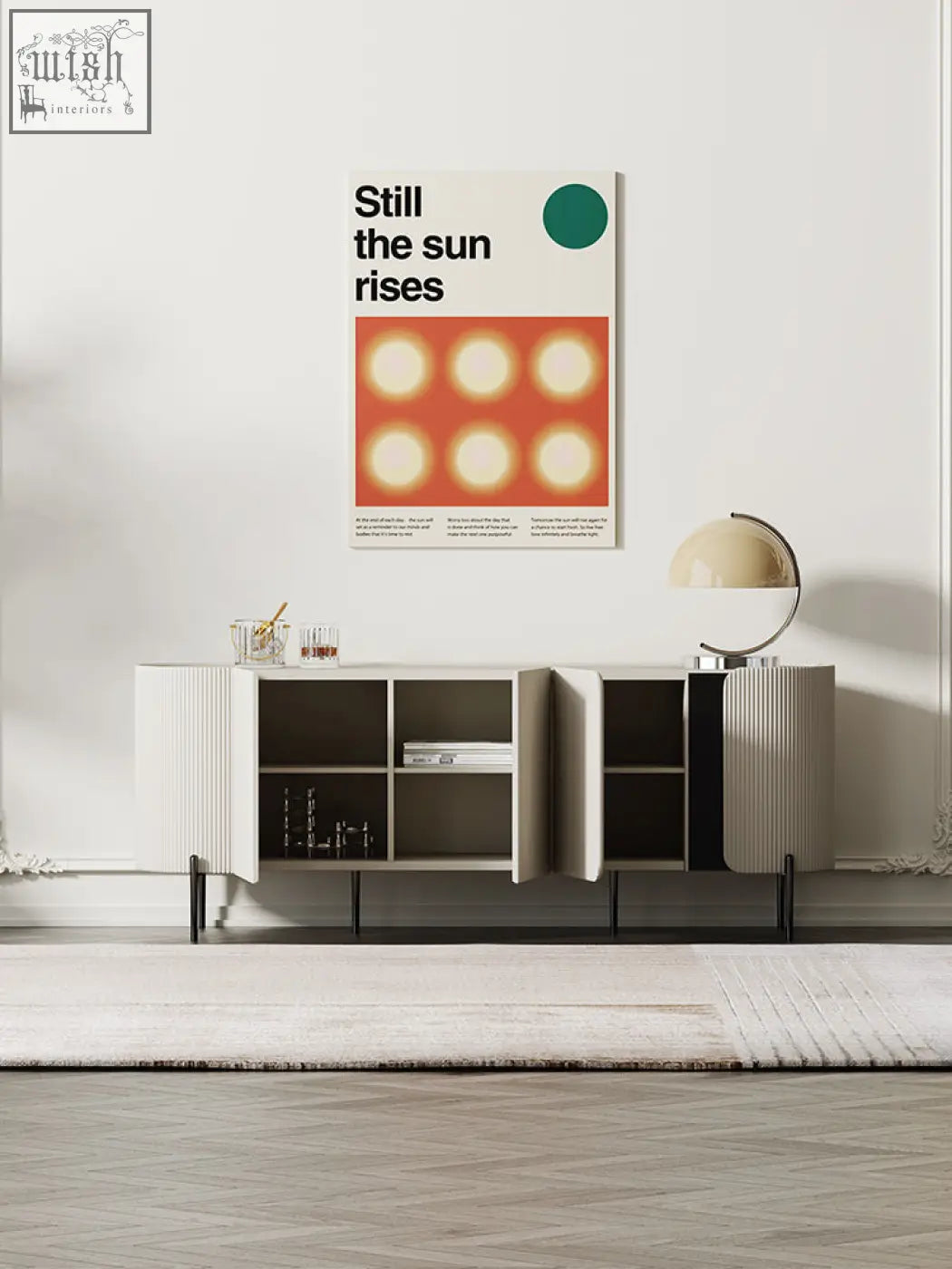 Minimalist white damon sideboard with vertical ribbed wood sides and open shelving perfect blend for dining area