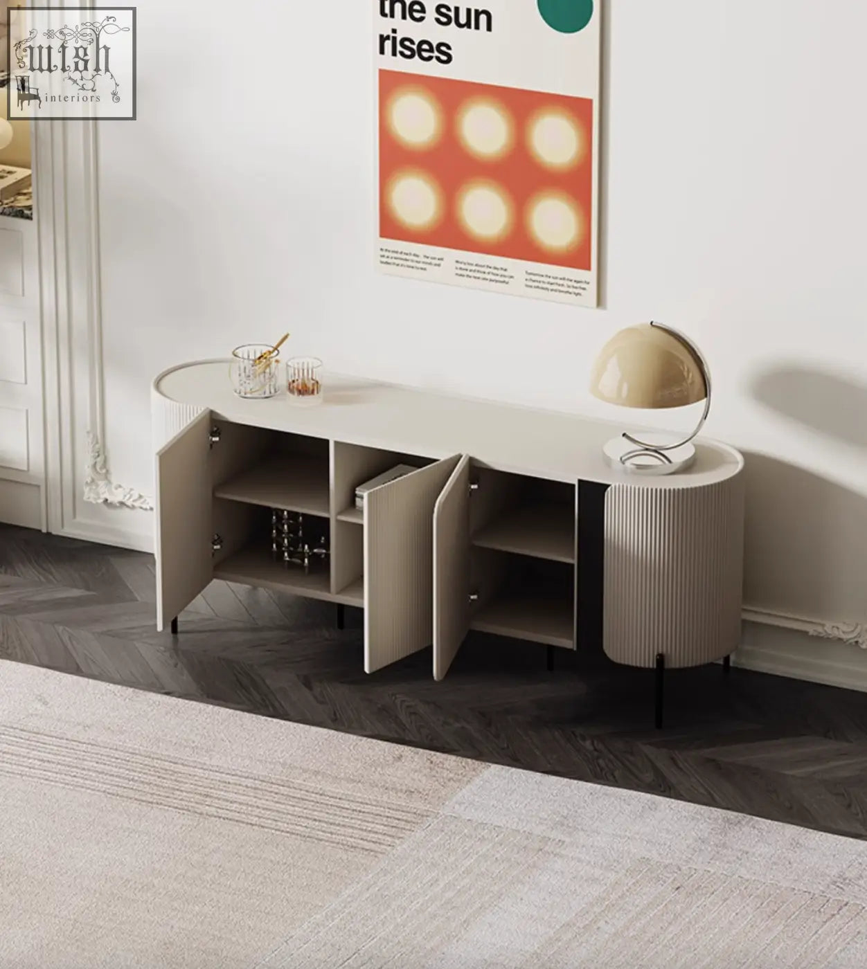 Modern beige wood damon sideboard with curved edges and ribbed legs open doors perfect blend for dining area