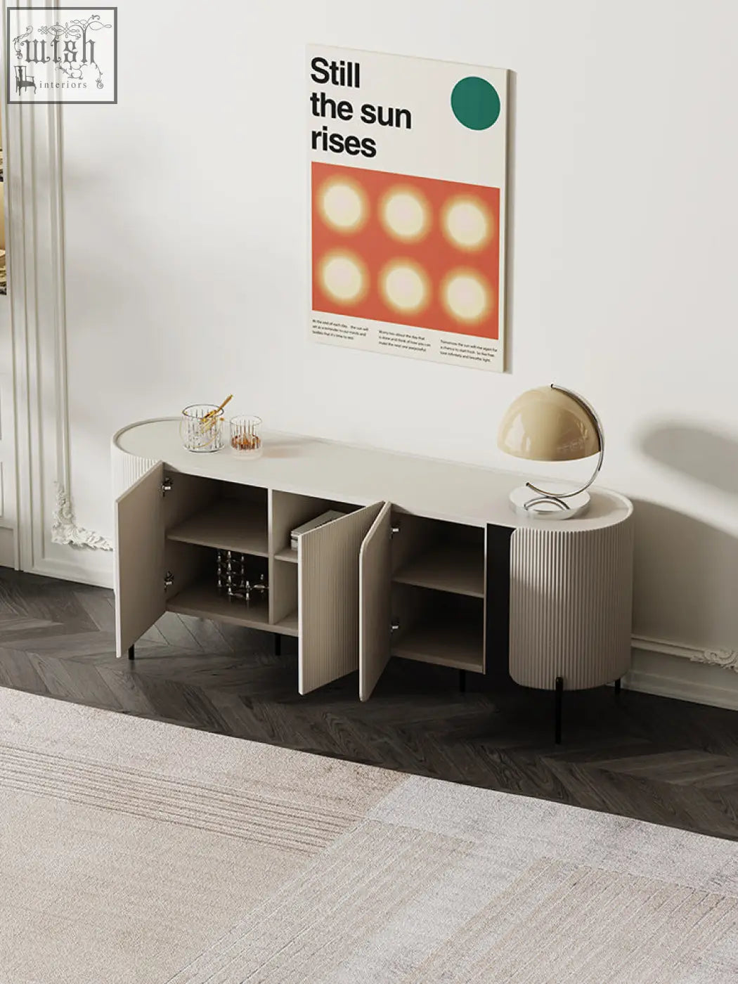 Modern beige wood damon sideboard with curved edges ribbed legs and open shelves perfect blend for dining area