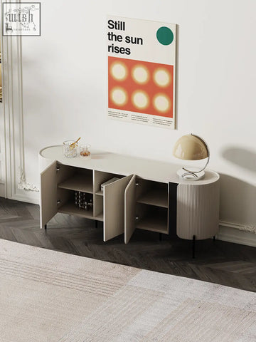 Modern beige wood damon sideboard with curved edges ribbed legs and open shelves perfect blend for dining area