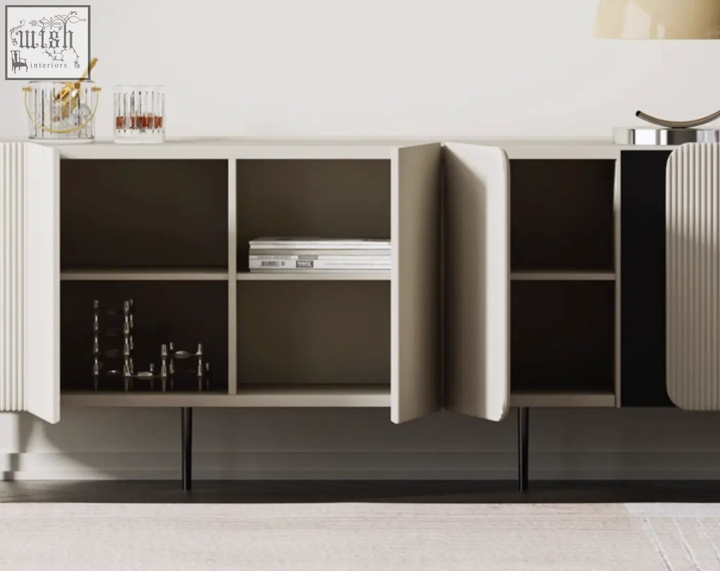 Modern minimalist damon sideboard with sleek ribbed white wood doors and black legs perfect blend for dining area