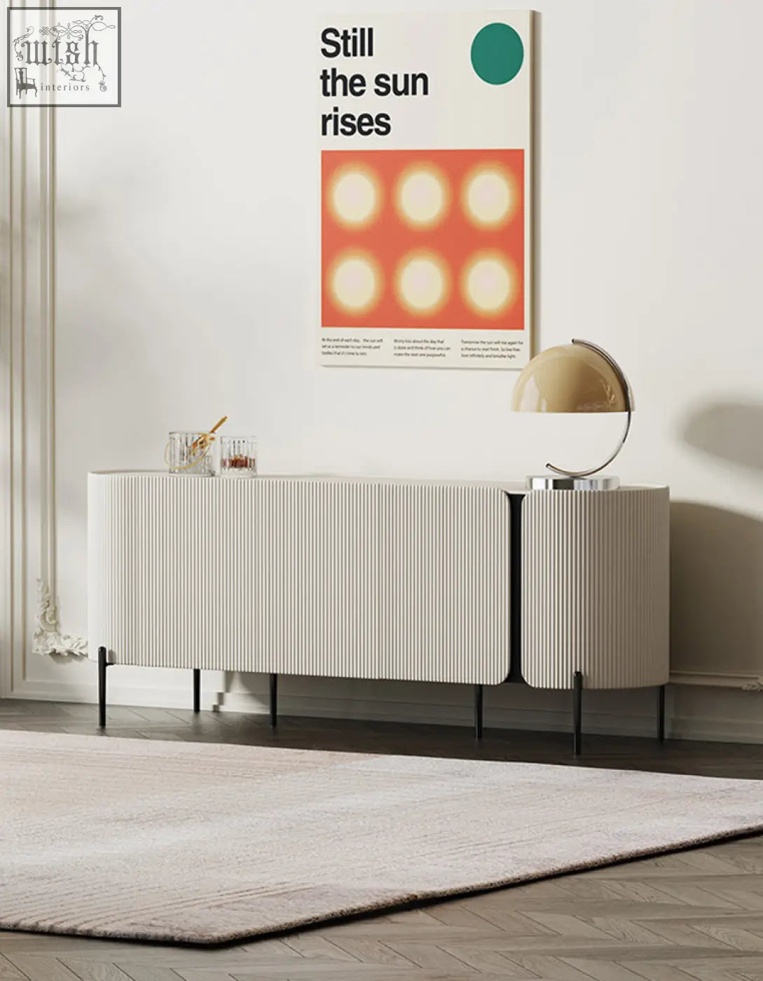 Modern white wood damon sideboard with ribbed design and slender black legs perfect blend for your dining area