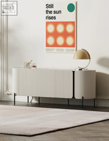 Modern white wood damon sideboard with ribbed design and slender black legs perfect blend for your dining area