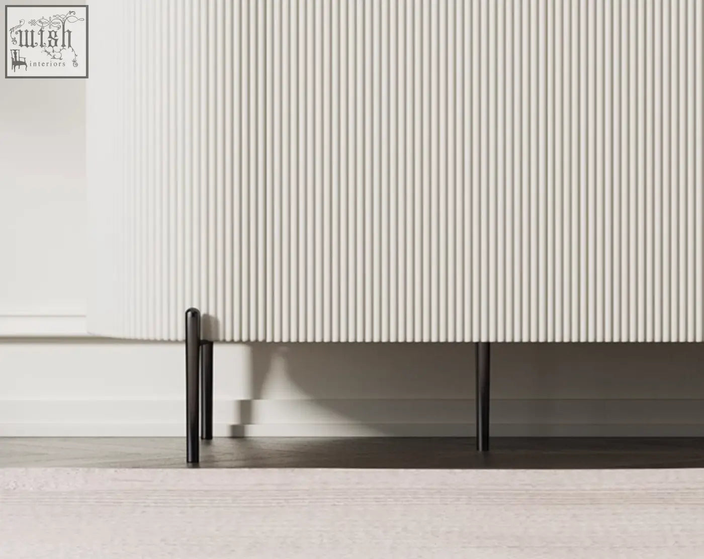 Damon sideboard wood featuring a sleek off-white ribbed cabinet with slender black metal legs perfect blend for dining area