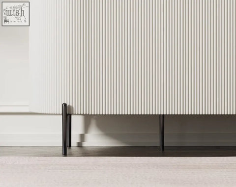 Damon sideboard wood featuring a sleek off-white ribbed cabinet with slender black metal legs perfect blend for dining area