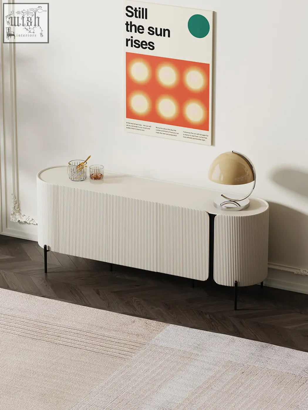 White ribbed damon sideboard with black wood legs perfect blend for dining area storage and style