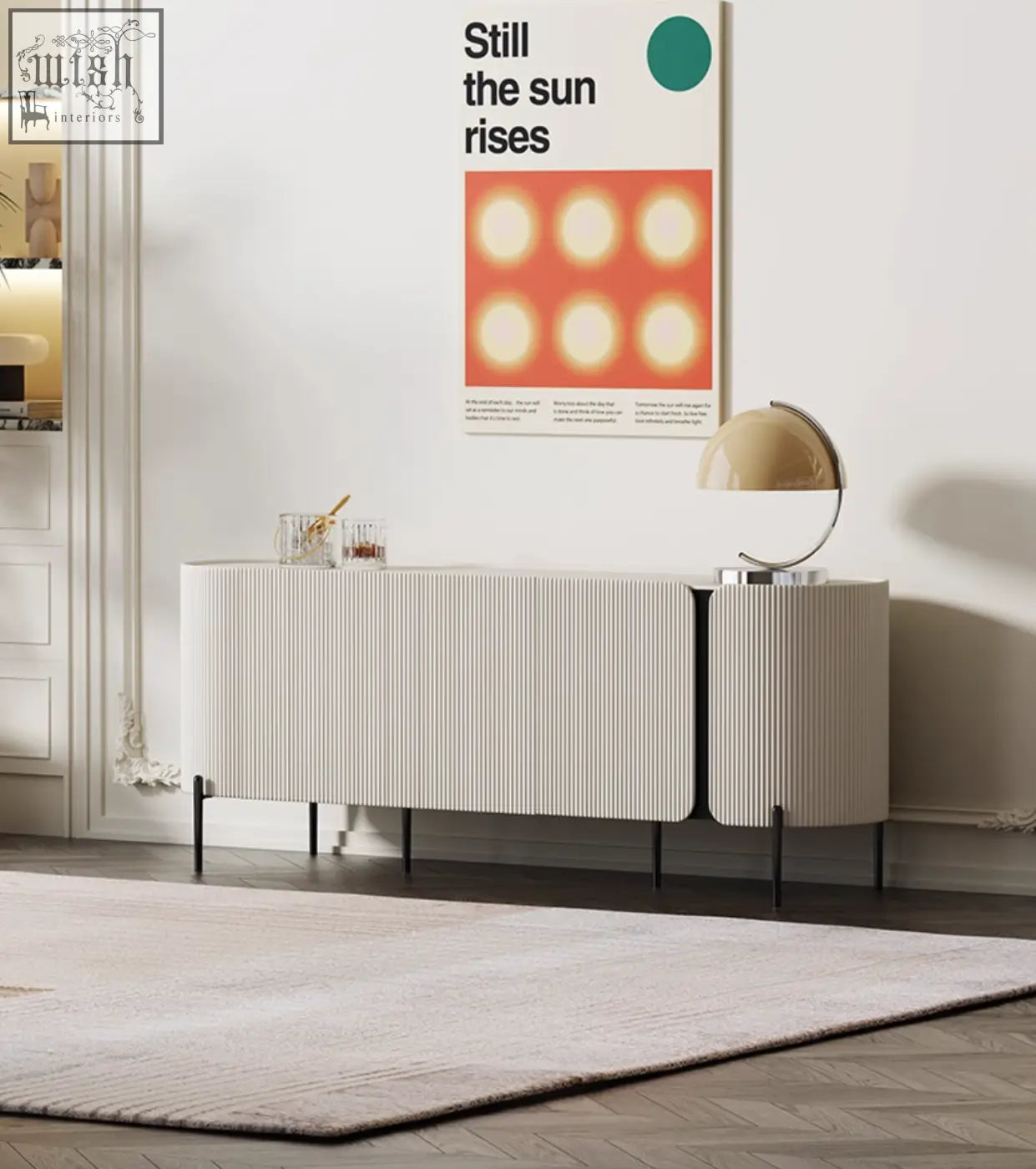 White ribbed damon sideboard with slender black legs perfect blend for stylish dining area storage