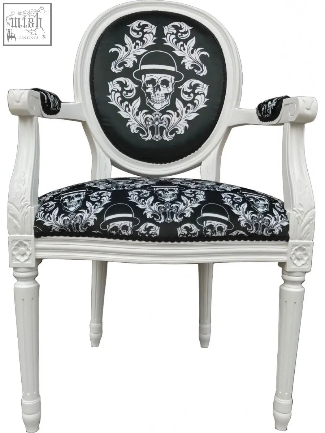 Dan Gold bowler arm chair with white ornate frame and black skull hat damask upholstered seat and back