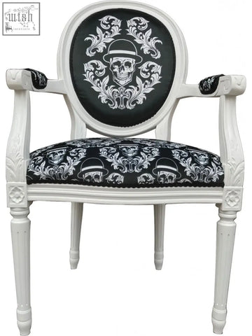 Dan Gold bowler arm chair with white ornate frame and black skull hat damask upholstered seat and back