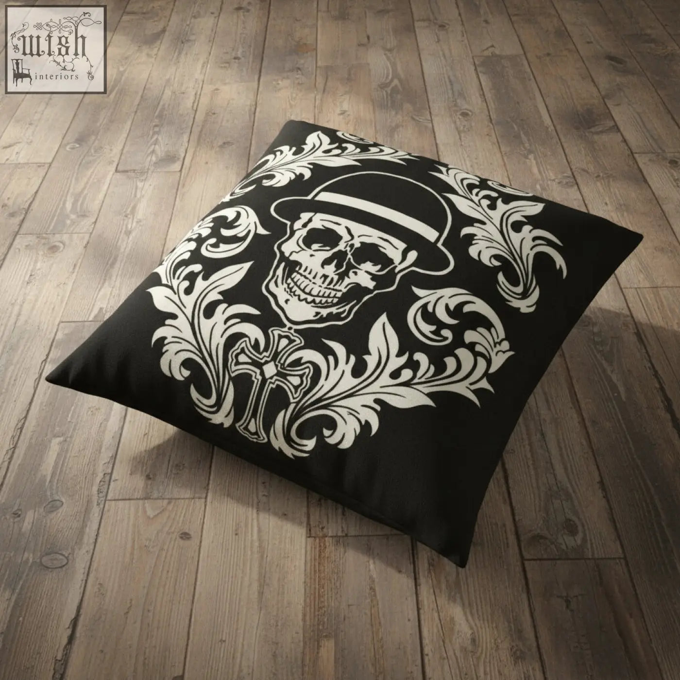 Black floor pillow dan gold bowler cushion with bold white skull wearing fedora and ornate floral cross motifs