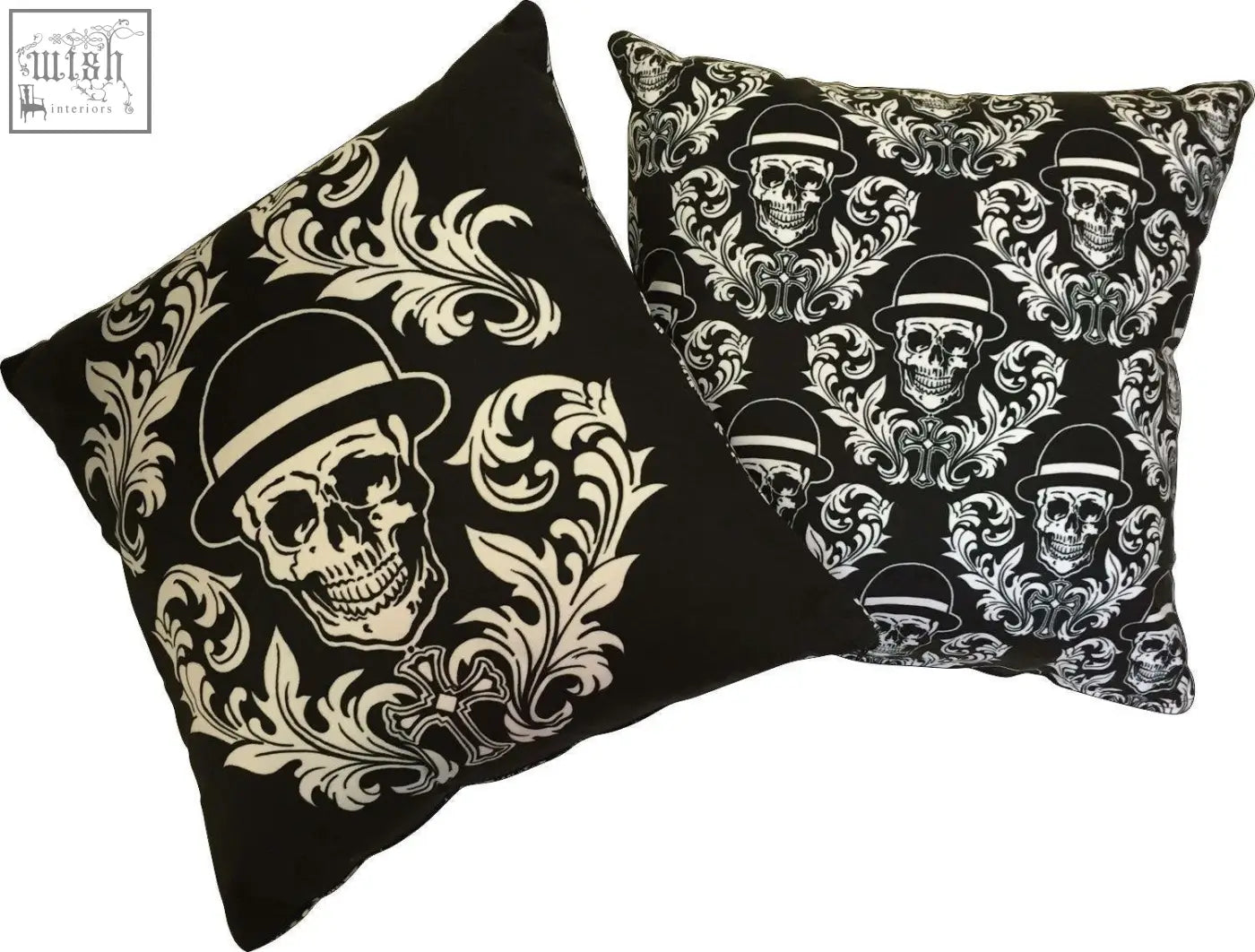 Black dan gold bowler cushions with white skull and floral patterns featuring single and repeating skull designs