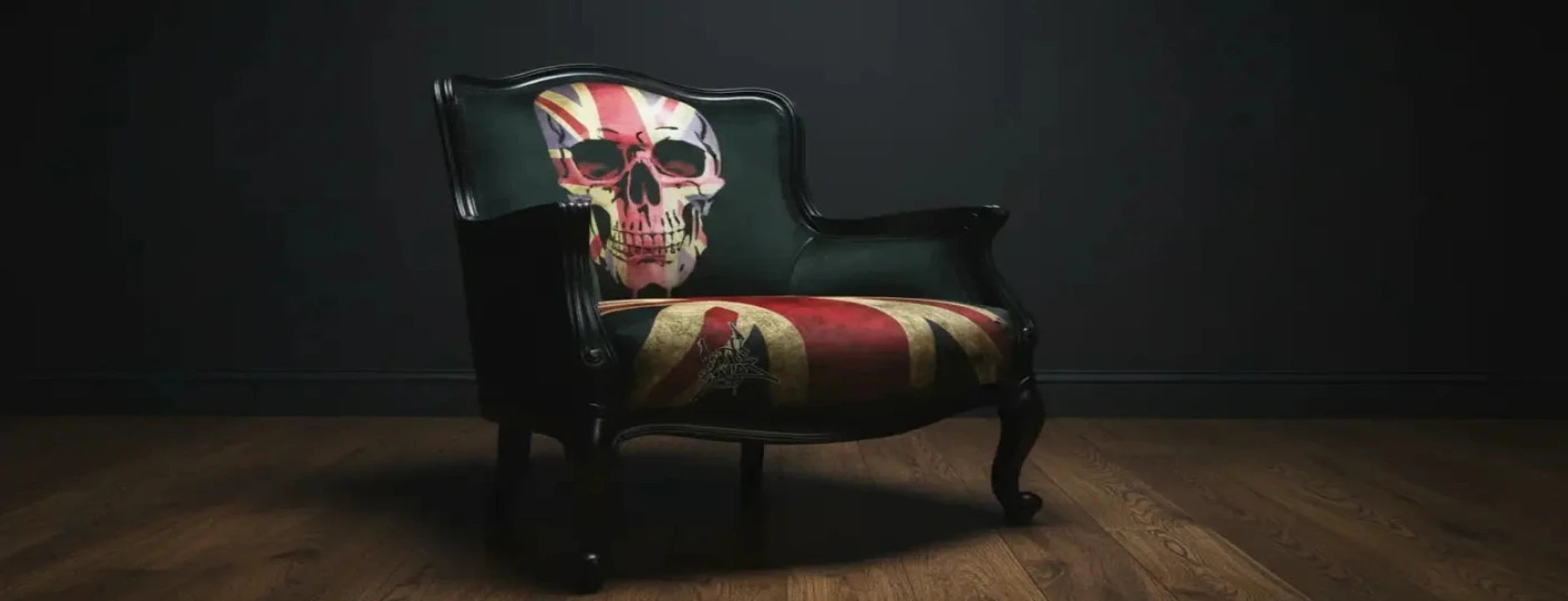 Black armchair with union skull fabric and black lacquered frame by Dan Gold perfect for edgy decor