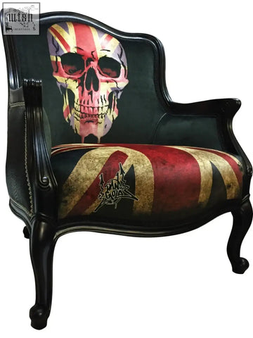 Dan gold union skull black leather armchair with distressed union jack upholstery and black lacquered frame back view