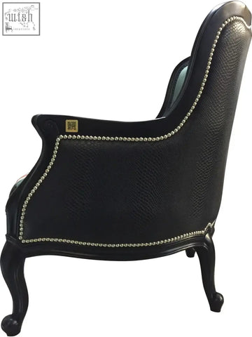 Elegant dan gold union skull black faux leather armchair with silver nailhead trim and black lacquered frame legs