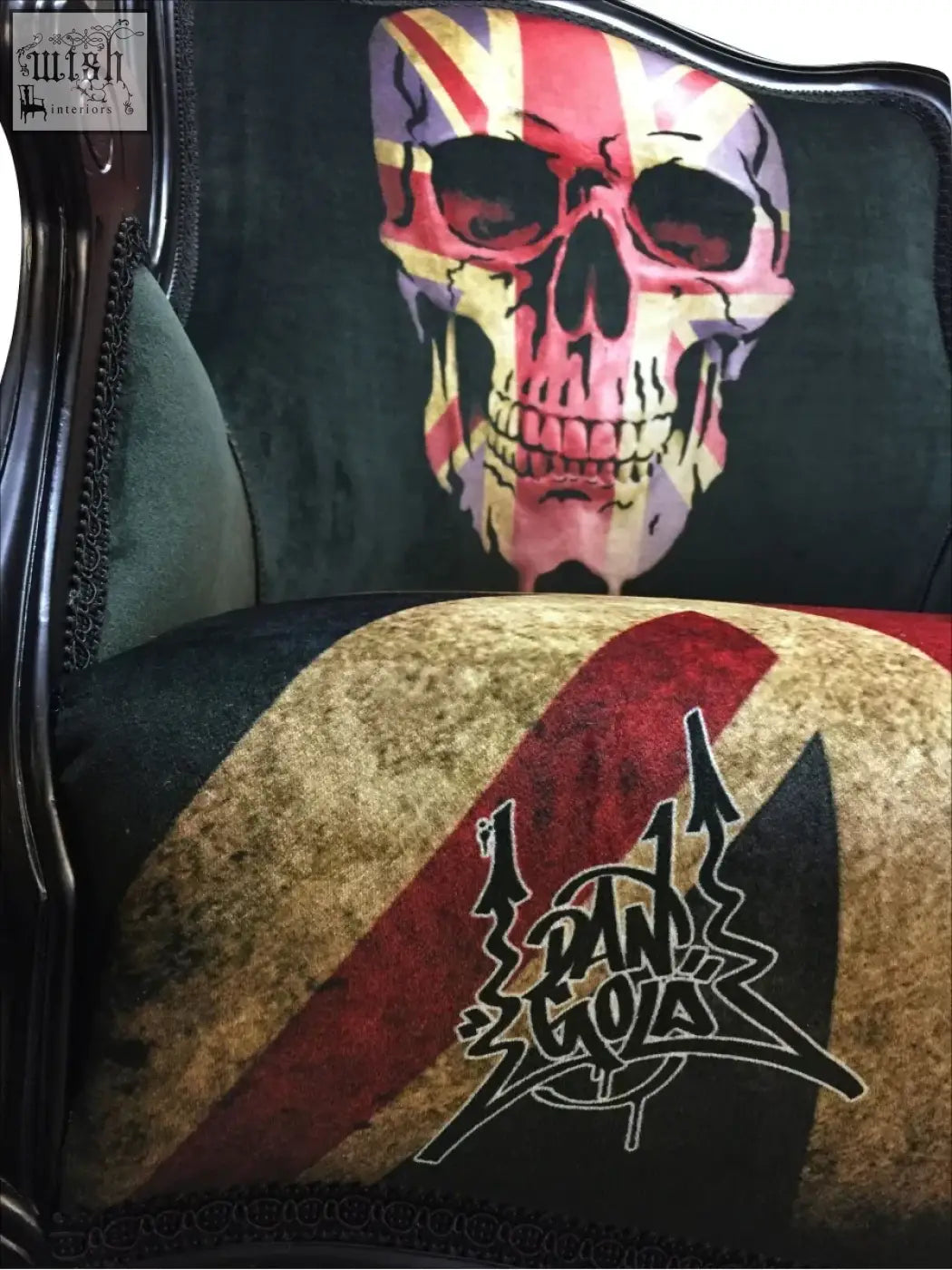 Dan gold union skull arm chair with plush velvet upholstery bold skull design and black lacquered frame
